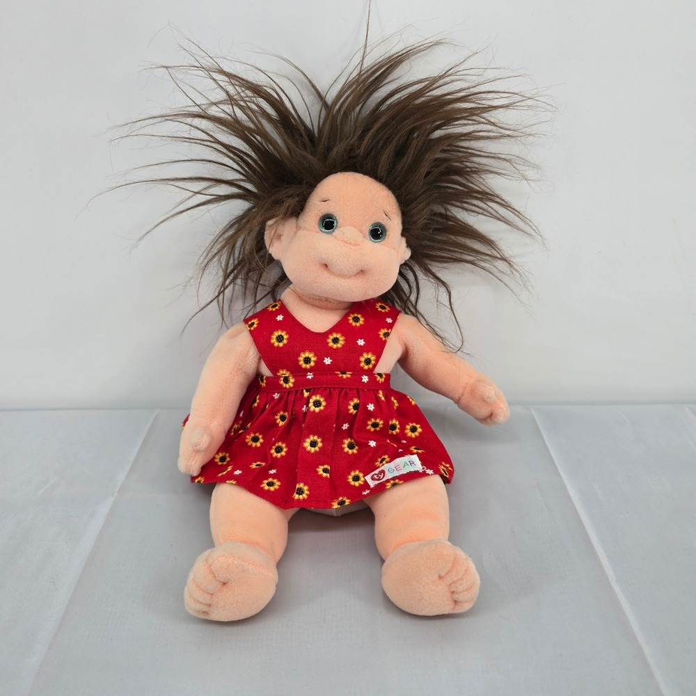 Ty Gear Plush Doll Wild Brown Hair Blue Eyes Red Sunflower Dress 9 Inch